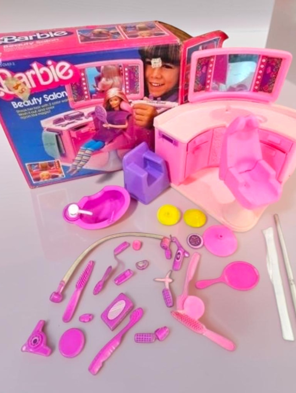Vintage 1990s Barbie Beauty Salon Playset with Chair, Mirror, and Accessories